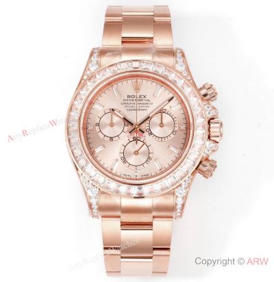 Rolex 1:1 Replica Watch C1 Factory Daytona 4131 40mm Rose Gold with Baguettes